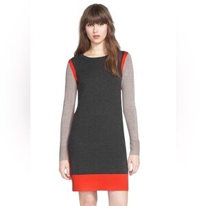 Eliza J Colorblock Orange Grey Tan Shift Midi Long Sleeve Sweater Dress Preppy